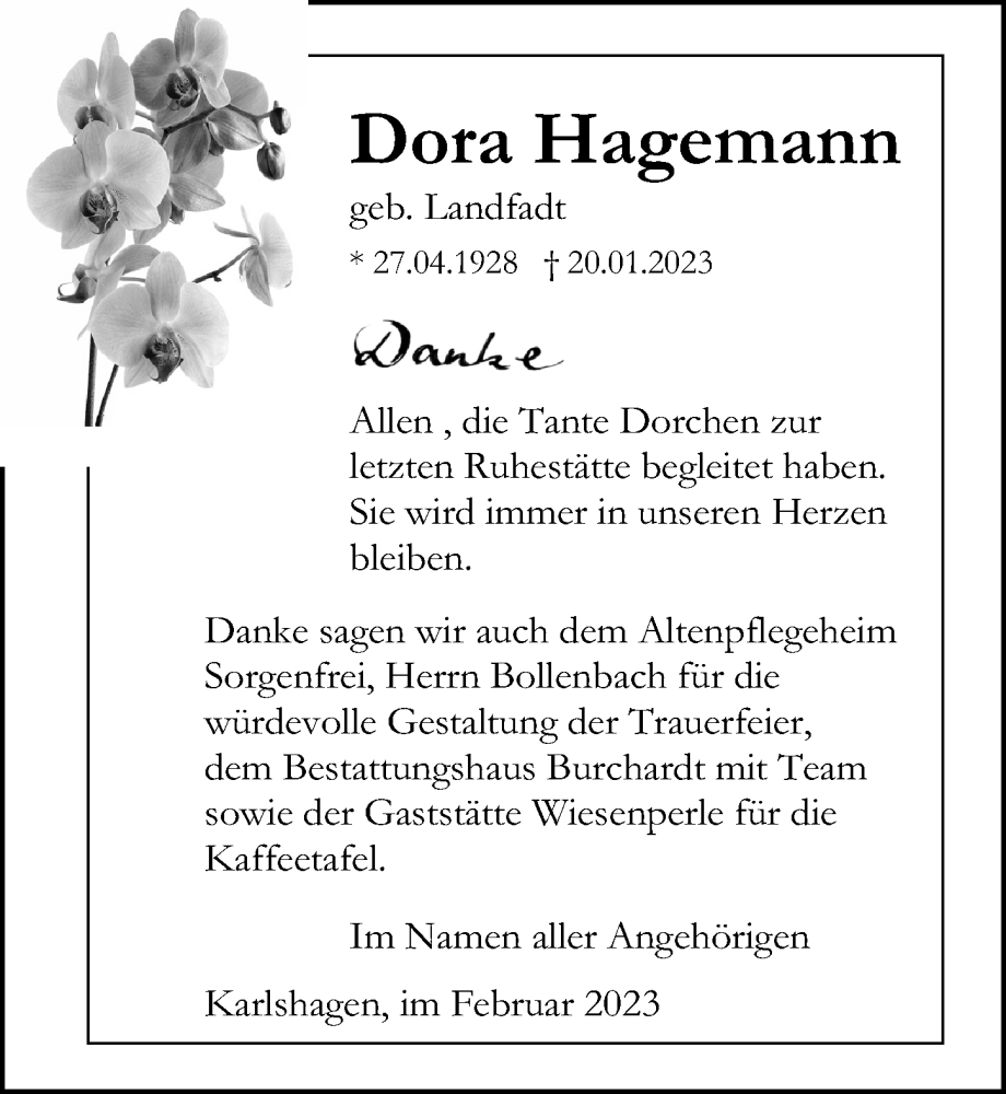 Traueranzeigen Von Dora Hagemann Trauer Anzeigen De