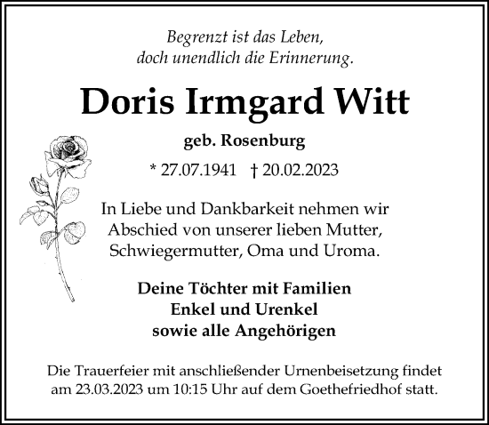 Traueranzeigen Von Doris Irmgard Witt Trauer Anzeigen De