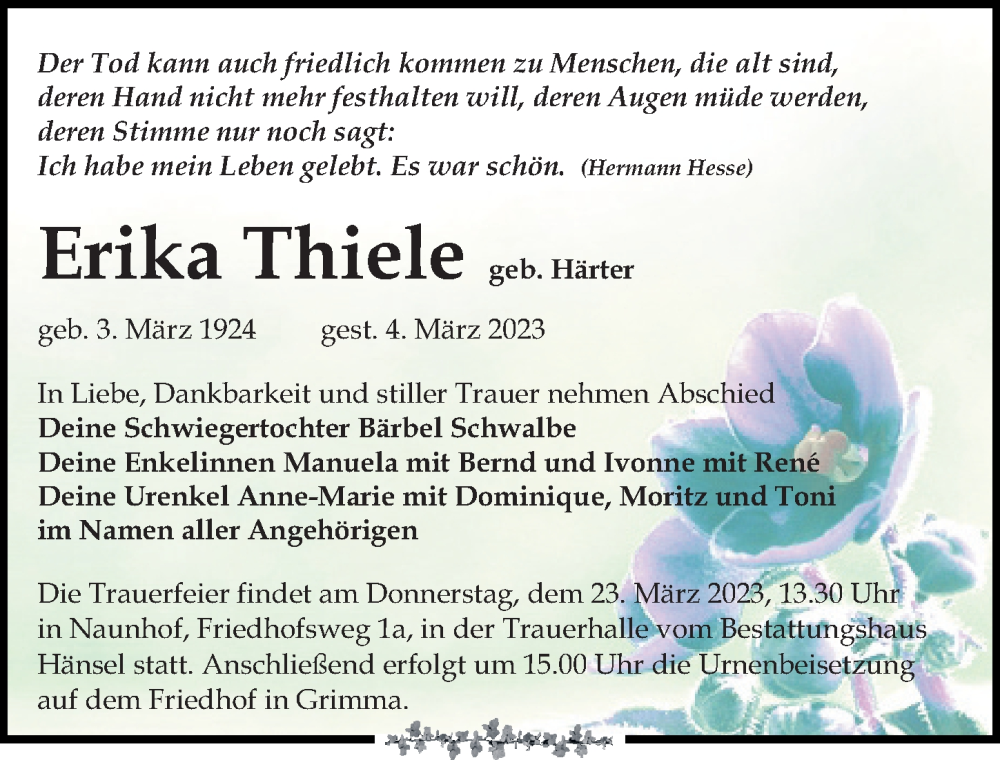 Traueranzeigen Von Erika Thiele Trauer Anzeigen De