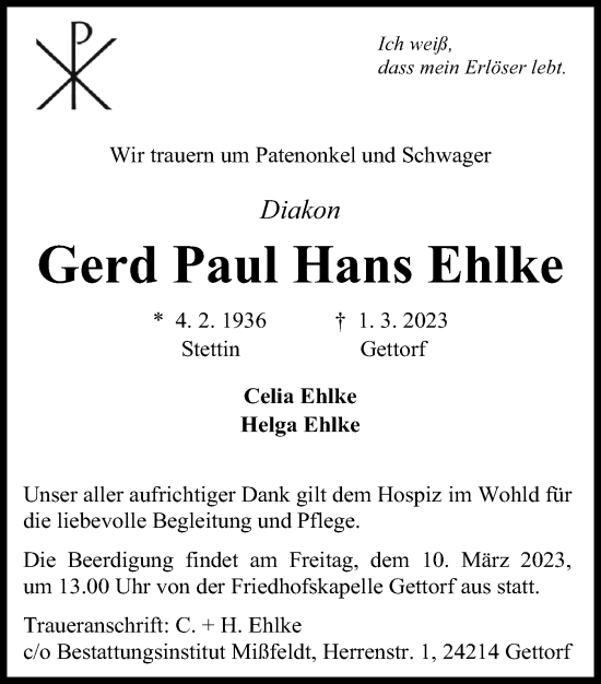 Traueranzeigen Von Gerd Paul Hans Ehlke Trauer Anzeigen De