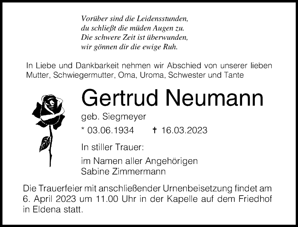 Traueranzeigen Von Gertrud Neumann Trauer Anzeigen De