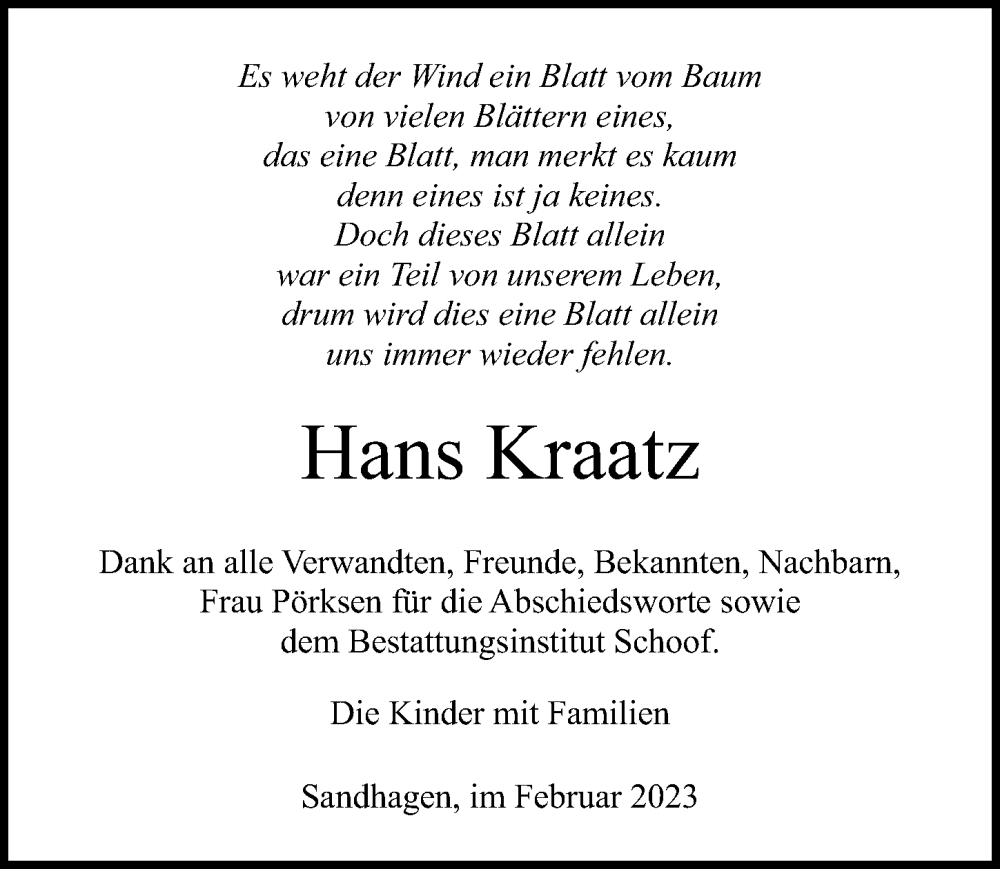 Traueranzeigen Von Hans Kraatz Trauer Anzeigen De