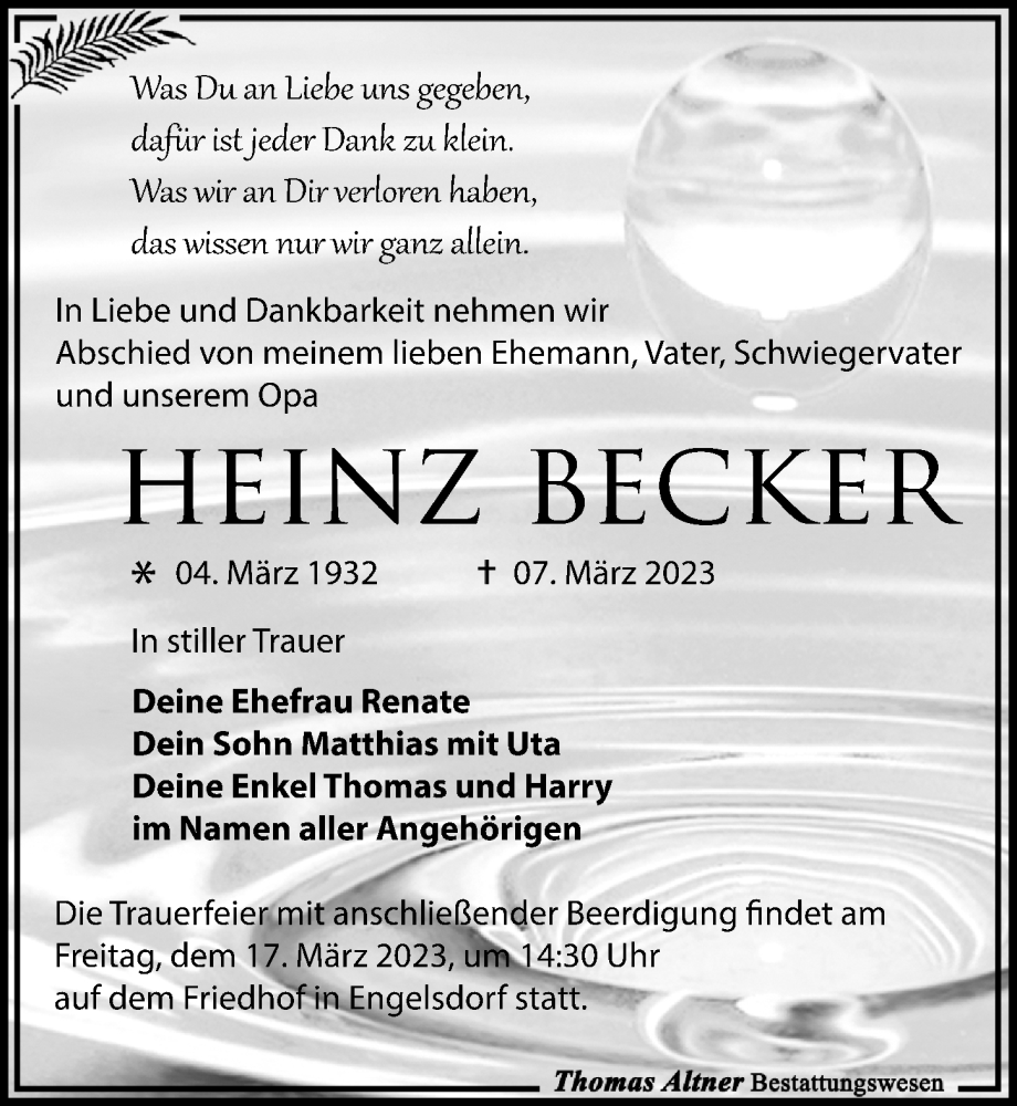 Traueranzeigen Von Heinz Becker Trauer Anzeigen De