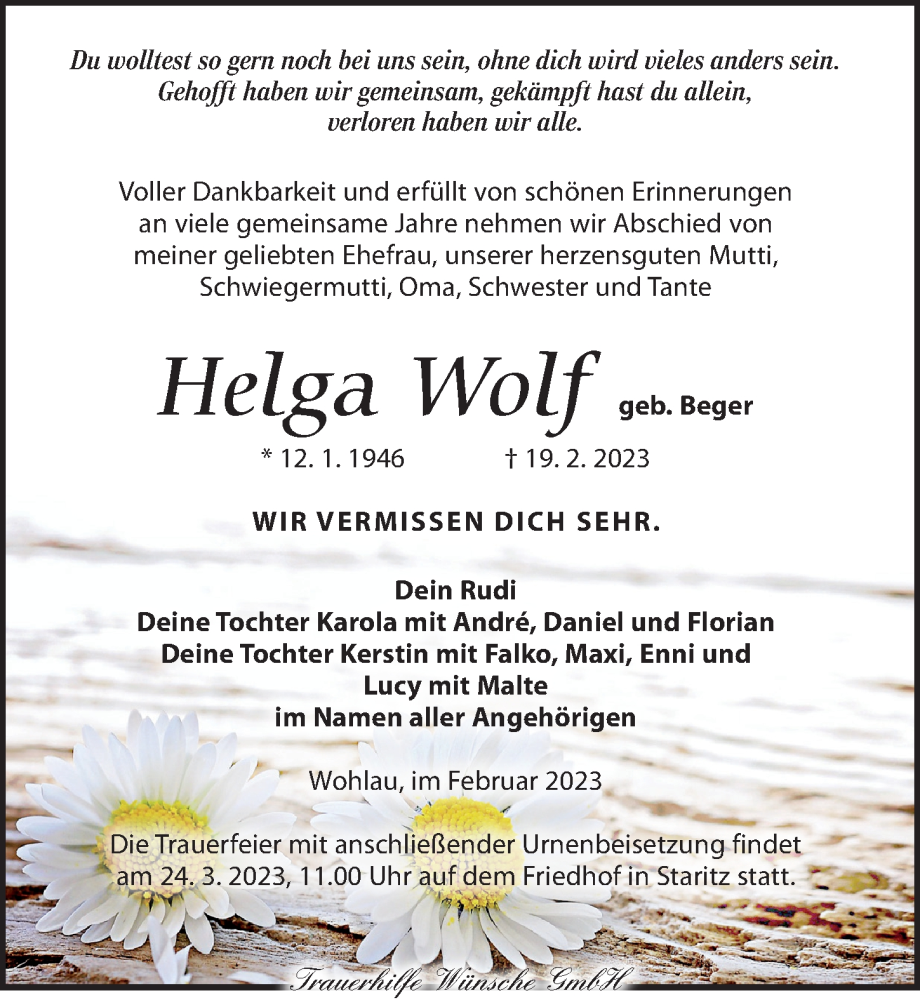 Traueranzeigen Von Helga Wolf Trauer Anzeigen De