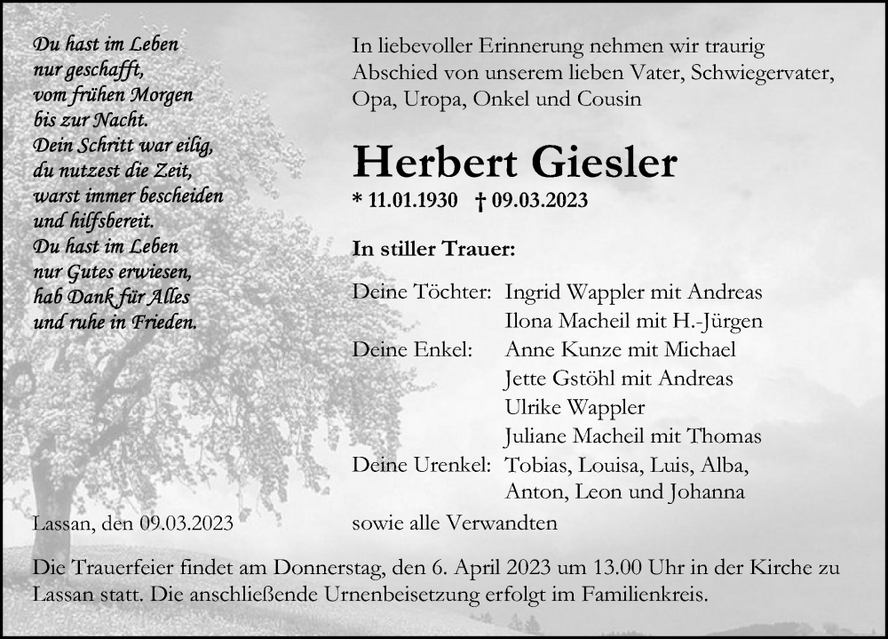 Traueranzeigen Von Herbert Giesler Trauer Anzeigen De