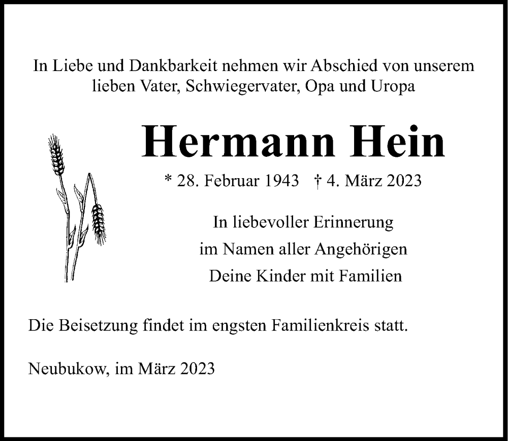 Traueranzeigen Von Hermann Hein Trauer Anzeigen De