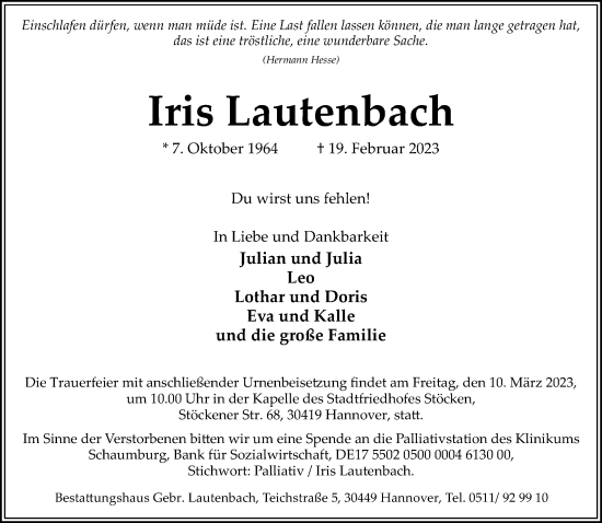 Traueranzeigen Von Iris Lautenbach Trauer Anzeigen De