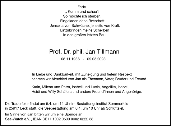 Traueranzeigen Von Jan Tillmann Trauer Anzeigen De