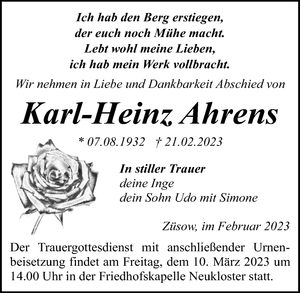 Traueranzeigen Von Karl Heinz Ahrens Trauer Anzeigen De