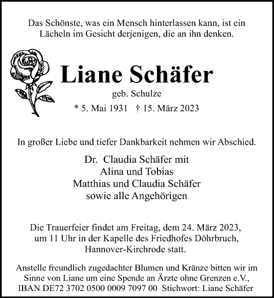 Traueranzeigen von Liane Schäfer trauer anzeigen de