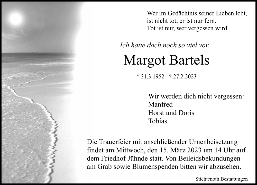 Traueranzeigen Von Margot Bartels Trauer Anzeigen De