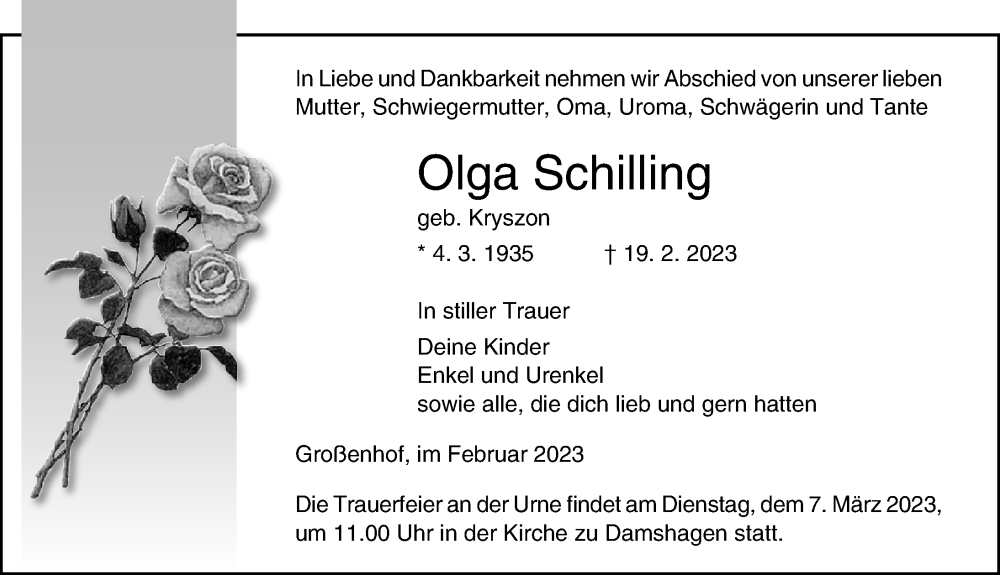 Traueranzeigen Von Olga Schilling Trauer Anzeigen De