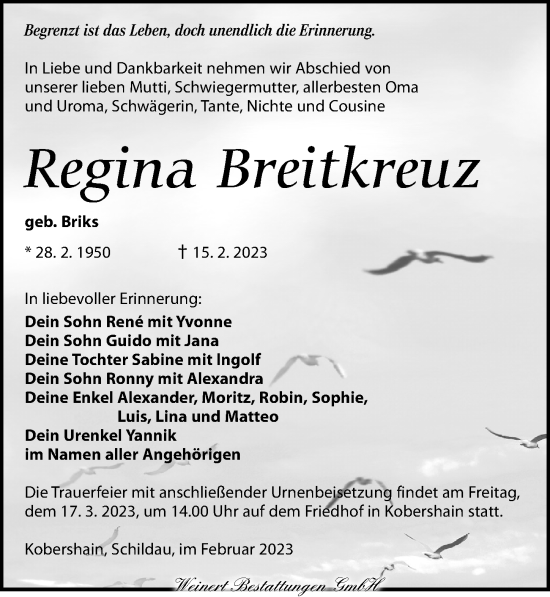 Traueranzeigen Von Regina Breitkreuz Trauer Anzeigen De