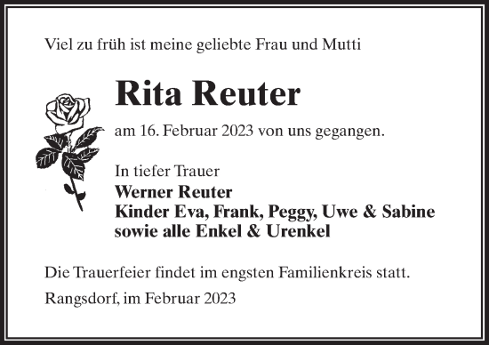 Traueranzeigen Von Rita Reuter Trauer Anzeigen De