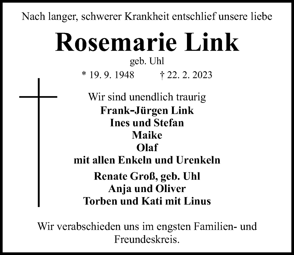 Traueranzeigen Von Rosemarie Link Trauer Anzeigen De