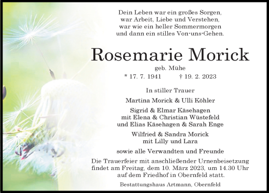 Traueranzeigen Von Rosemarie Morick Trauer Anzeigen De