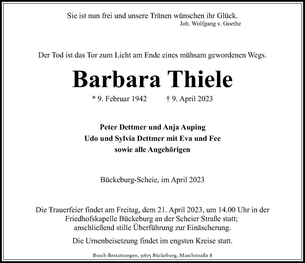 Traueranzeigen Von Barbara Thiele Trauer Anzeigen De