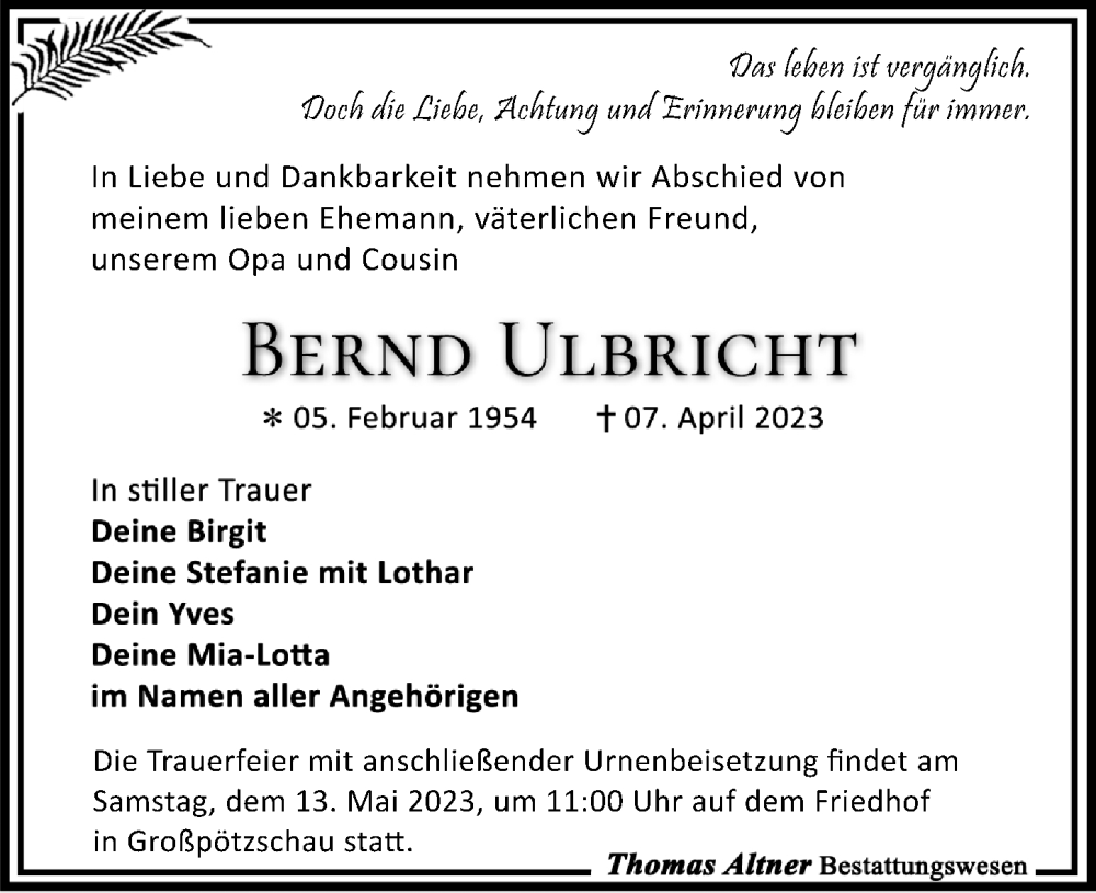 Traueranzeigen Von Bernd Ulbricht Trauer Anzeigen De