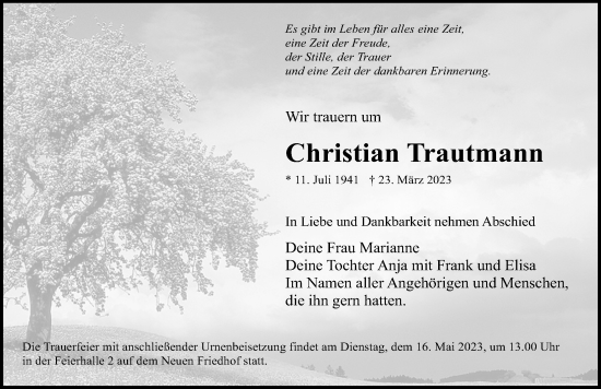 Traueranzeigen Von Christian Trautmann Trauer Anzeigen De