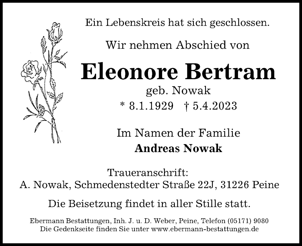 Traueranzeigen Von Eleonore Bertram Trauer Anzeigen De