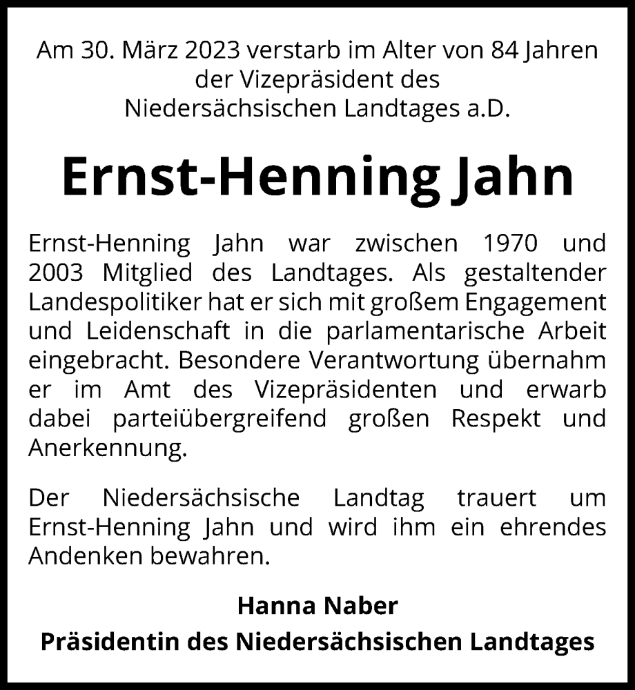 Traueranzeigen Von Ernst Henning Jahn Trauer Anzeigen De