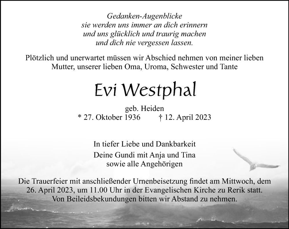 Traueranzeigen Von Evi Westphal Trauer Anzeigen De