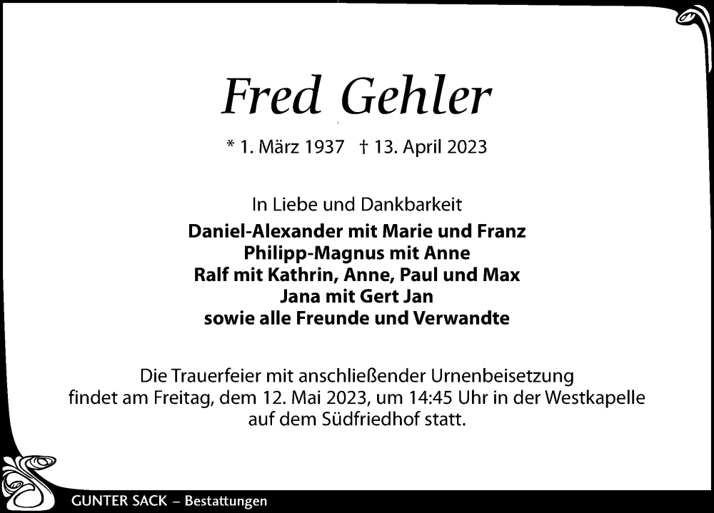 Traueranzeigen Von Fred Gehler Trauer Anzeigen De