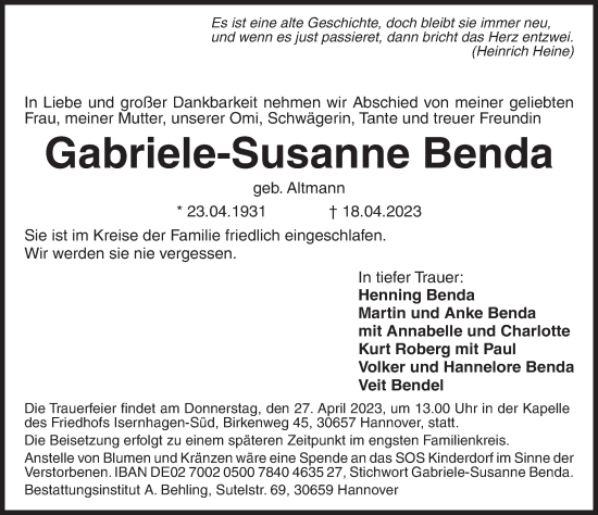 Traueranzeigen Von Gabriele Susanne Benda Trauer Anzeigen De