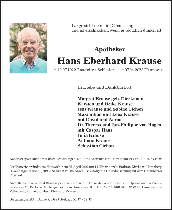 Traueranzeigen Von Hans Eberhard Krause Trauer Anzeigen De