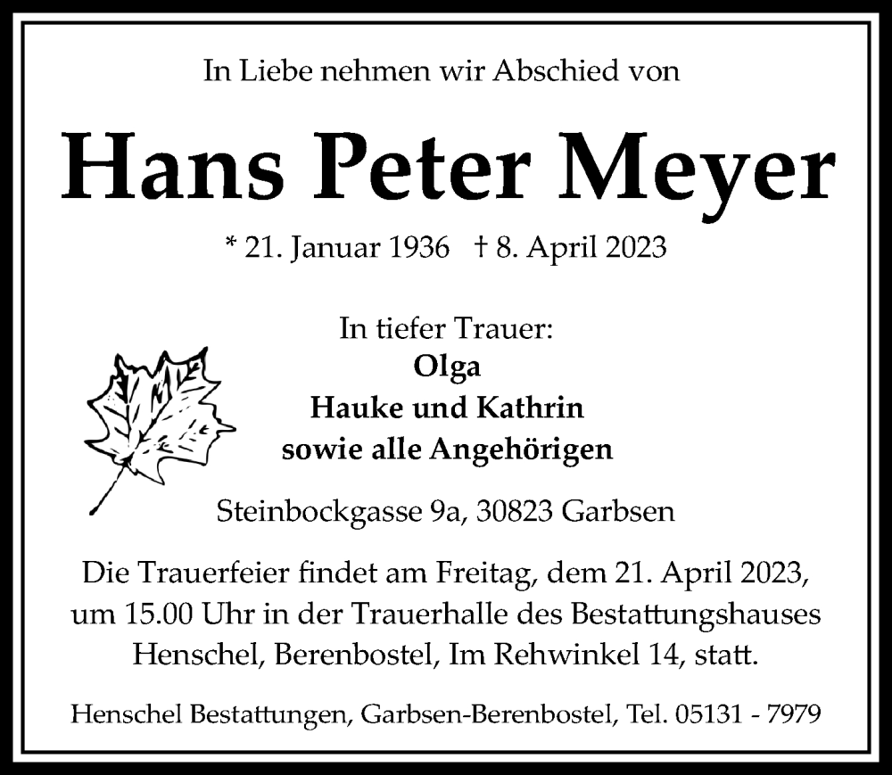 Traueranzeigen Von Hans Peter Meyer Trauer Anzeigen De