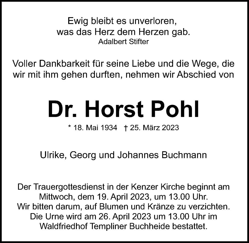 Traueranzeigen Von Horst Pohl Trauer Anzeigen De