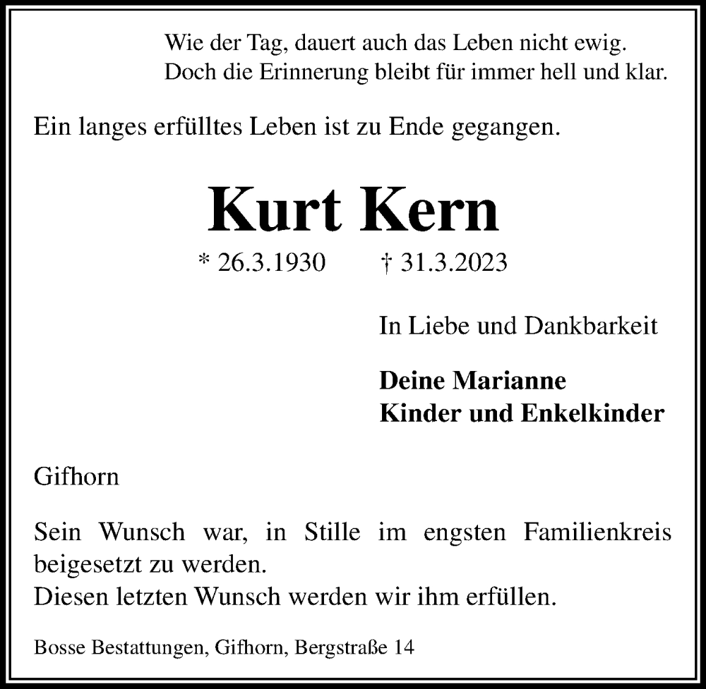 Traueranzeigen Von Kurt Kern Trauer Anzeigen De