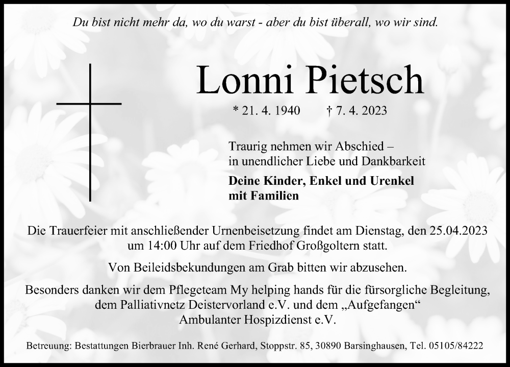 Traueranzeigen Von Lonni Pietsch Trauer Anzeigen De