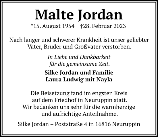 Traueranzeigen Von Malte Jordan Trauer Anzeigen De