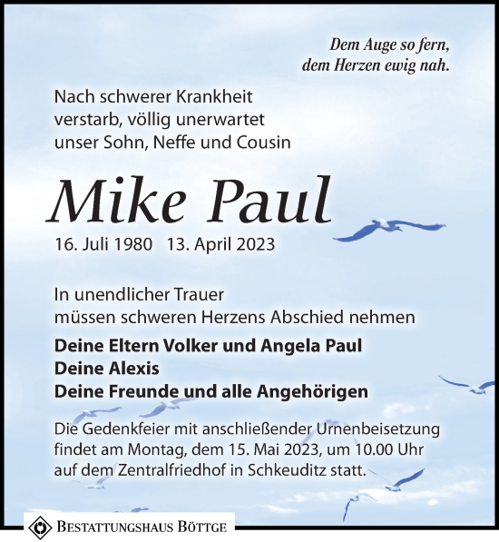 Traueranzeigen Von Mike Paul Trauer Anzeigen De