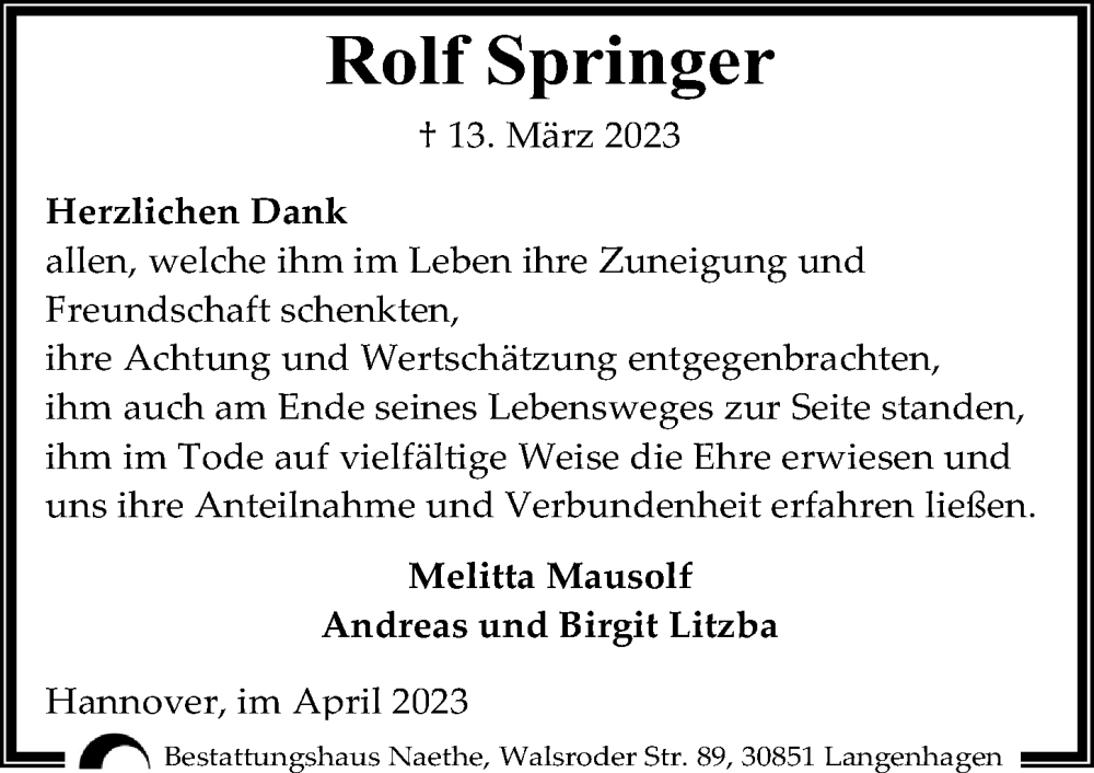 Traueranzeigen Von Rolf Springer Trauer Anzeigen De