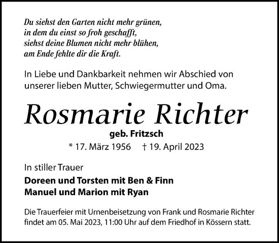 Traueranzeigen Von Rosmarie Richter Trauer Anzeigen De