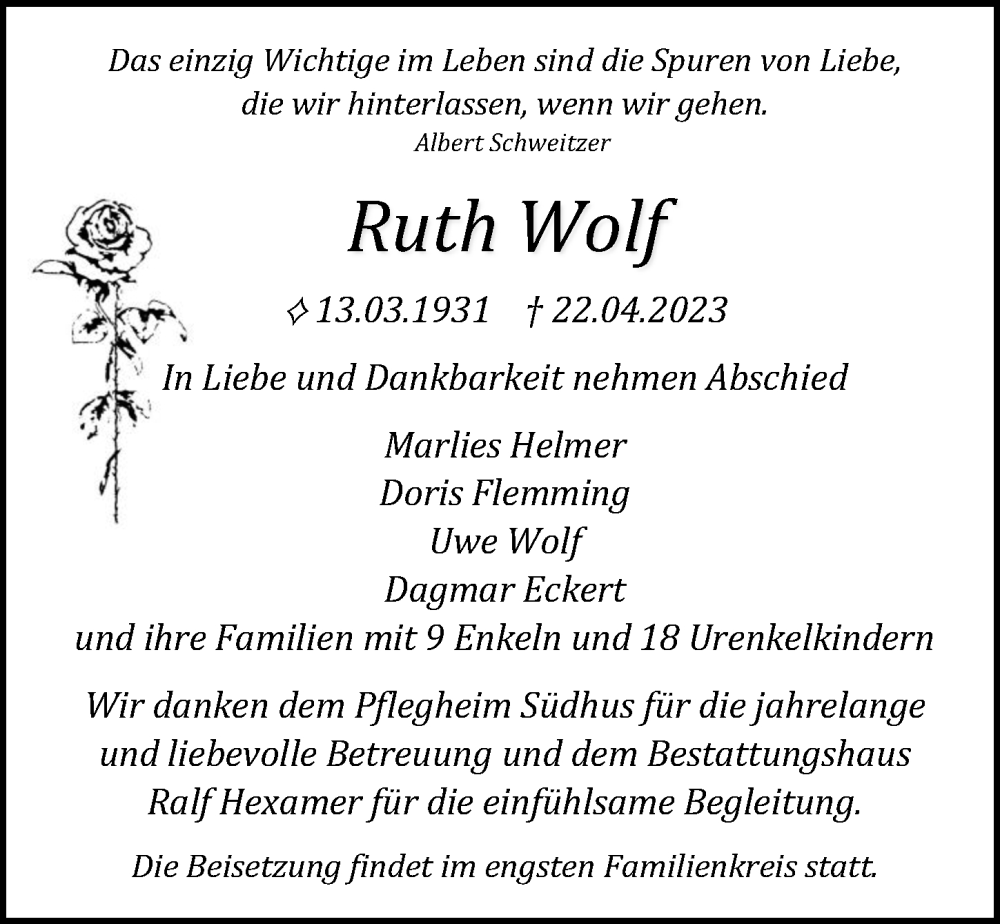 Traueranzeigen Von Ruth Wolf Trauer Anzeigen De