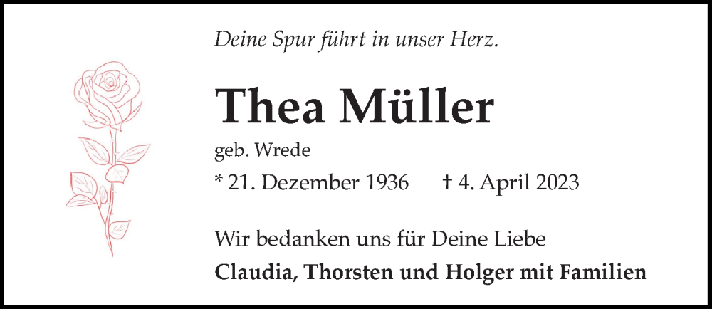 Traueranzeigen von Thea Müller trauer anzeigen de