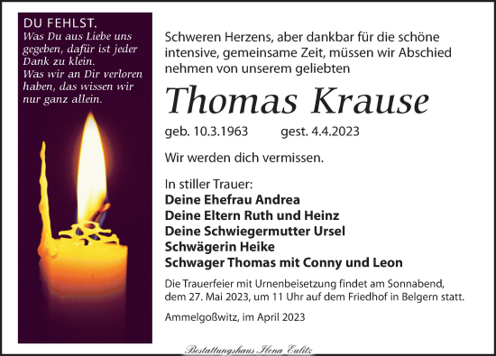 Traueranzeigen Von Thomas Krause Trauer Anzeigen De