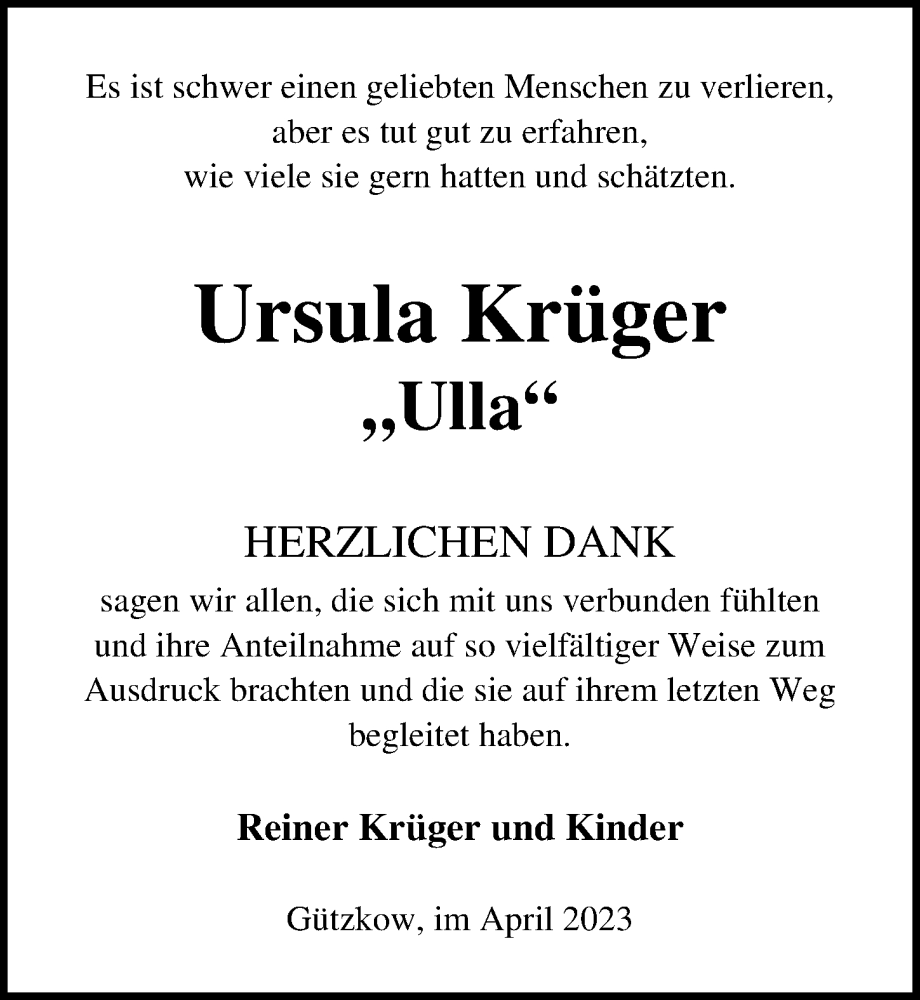 Traueranzeigen Von Ursula Kr Ger Trauer Anzeigen De