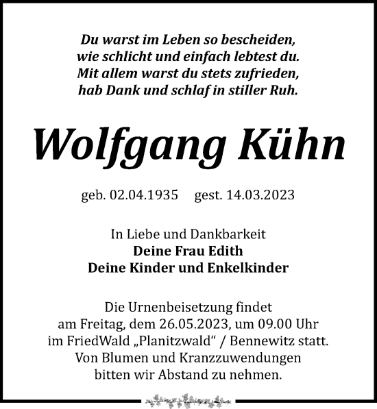 Traueranzeigen von Wolfgang Kühn trauer anzeigen de