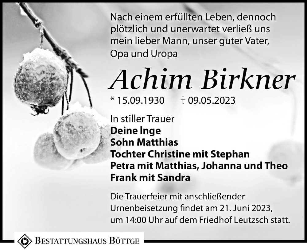 Traueranzeigen Von Achim Birkner Trauer Anzeigen De