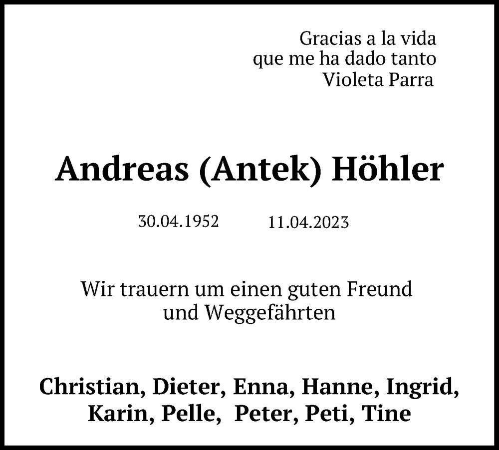 Traueranzeigen Von Andreas H Hler Trauer Anzeigen De