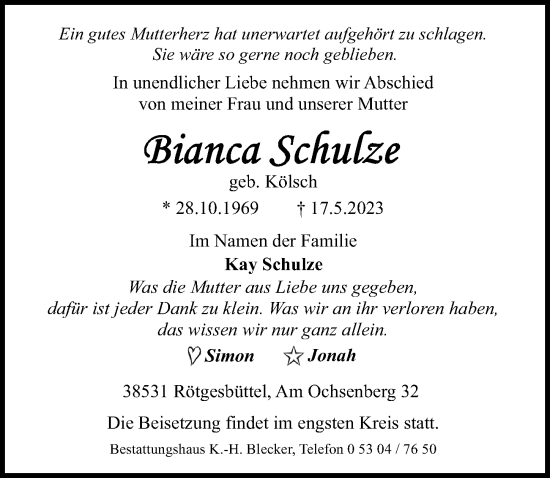 Traueranzeigen Von Bianca Schulze Trauer Anzeigen De