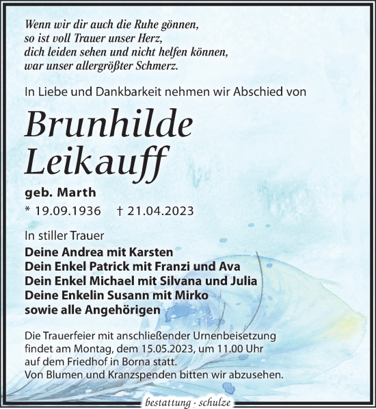 Traueranzeigen Von Brunhilde Leikauff Trauer Anzeigen De