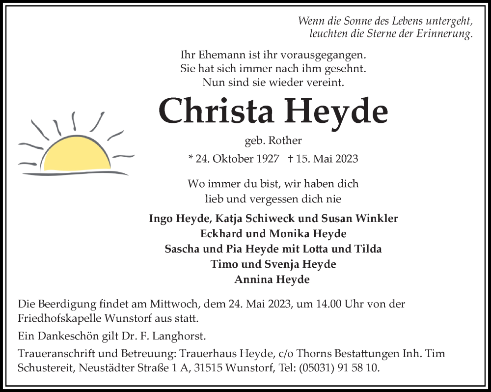 Traueranzeigen Von Christa Heyde Trauer Anzeigen De