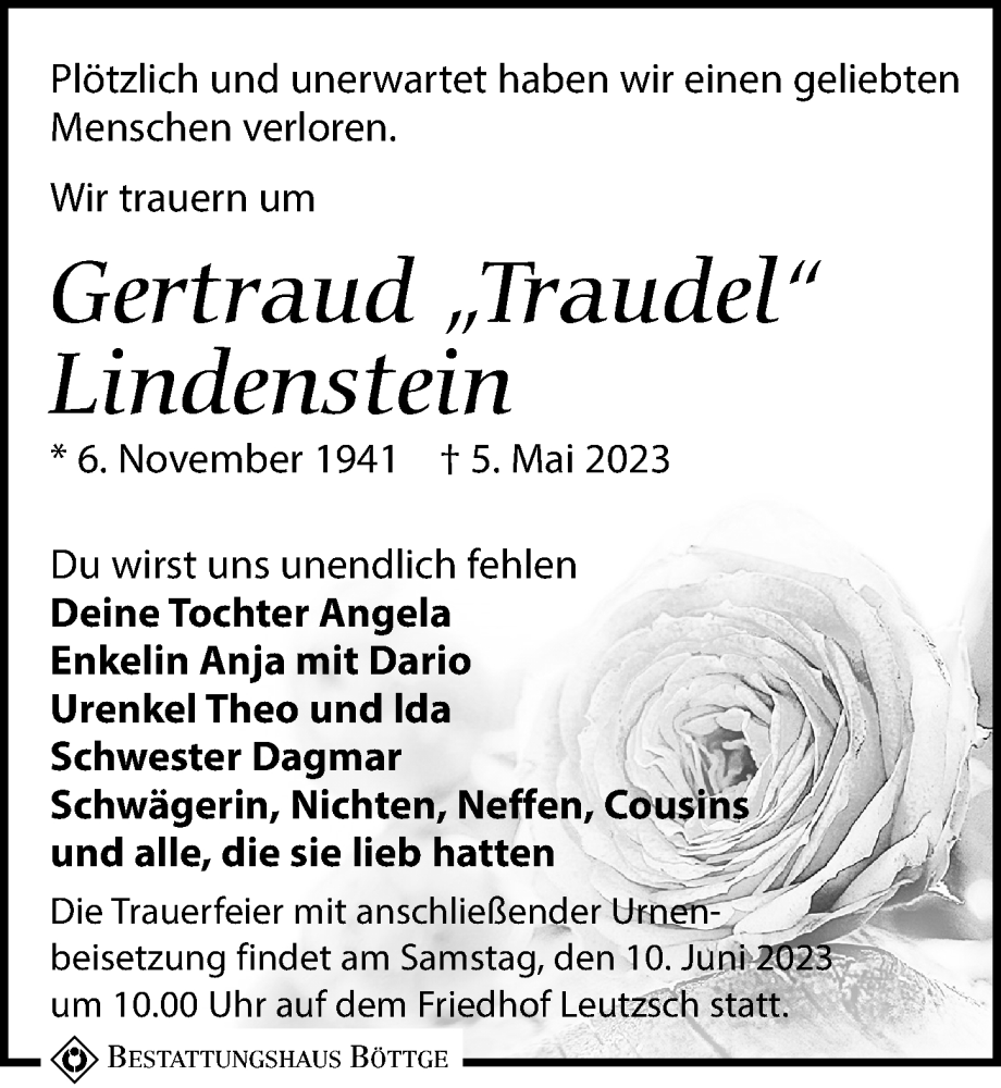 Traueranzeigen Von Gertraud Lindenstein Trauer Anzeigen De