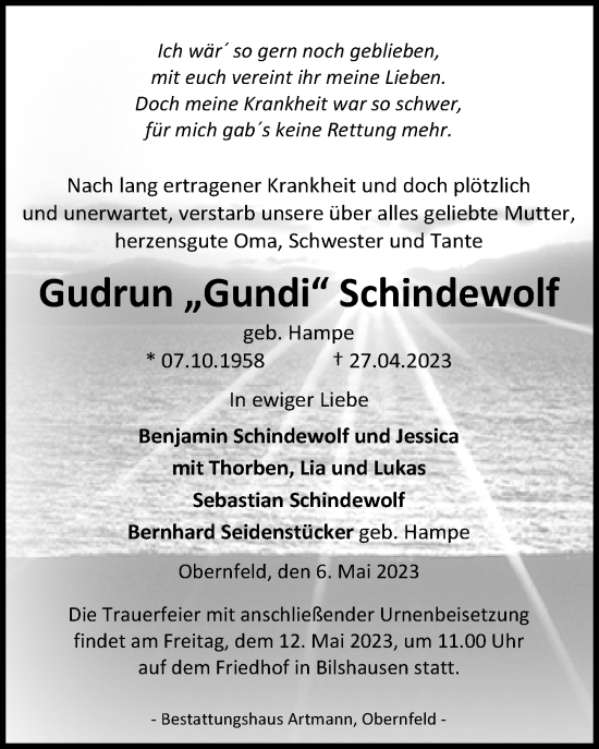 Traueranzeigen Von Gudrun Schindewolf Trauer Anzeigen De