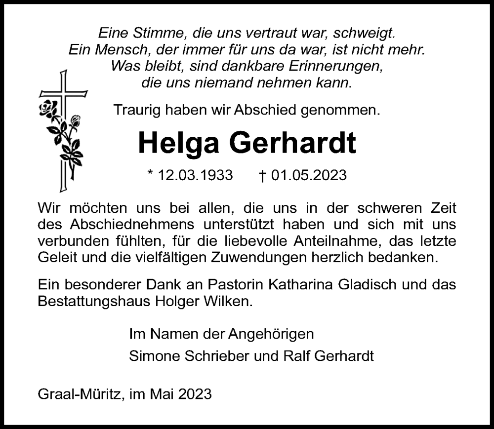 Traueranzeigen Von Helga Gerhardt Trauer Anzeigen De